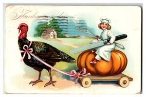 1901 Raphael Tuck Thanksgiving Postcard Chef Child Pulling Turkey on Pumpkin